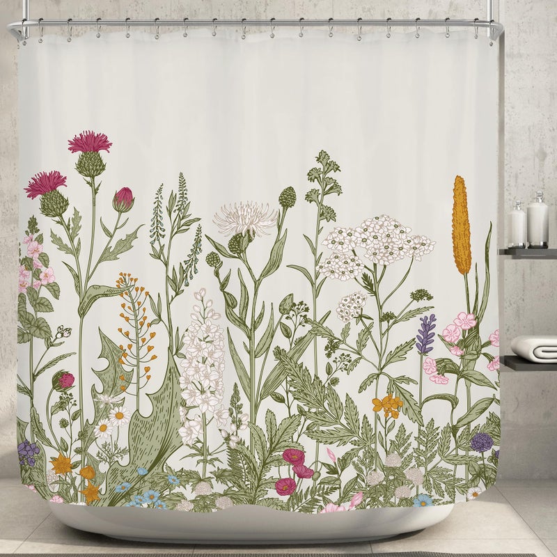Riyidecor Extra Wide 108Wx72H Wildflower Clawfoot Tub 9ft Shower Curtain 108 Inch 18 Metal Hooks Botanical Colorful Border Herbs Decor Bathroom Windows Balconies Fabric Polyester Waterproof - Image 2